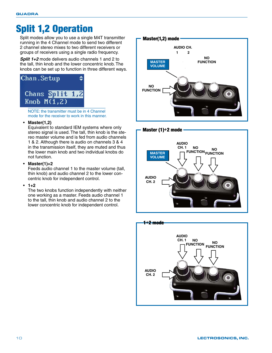 Split 1,2 operation, Master(1,2) mode, Master (1)+2 mode | 1+2 mode | Lectrosonics Quadra User Manual | Page 10 / 32
