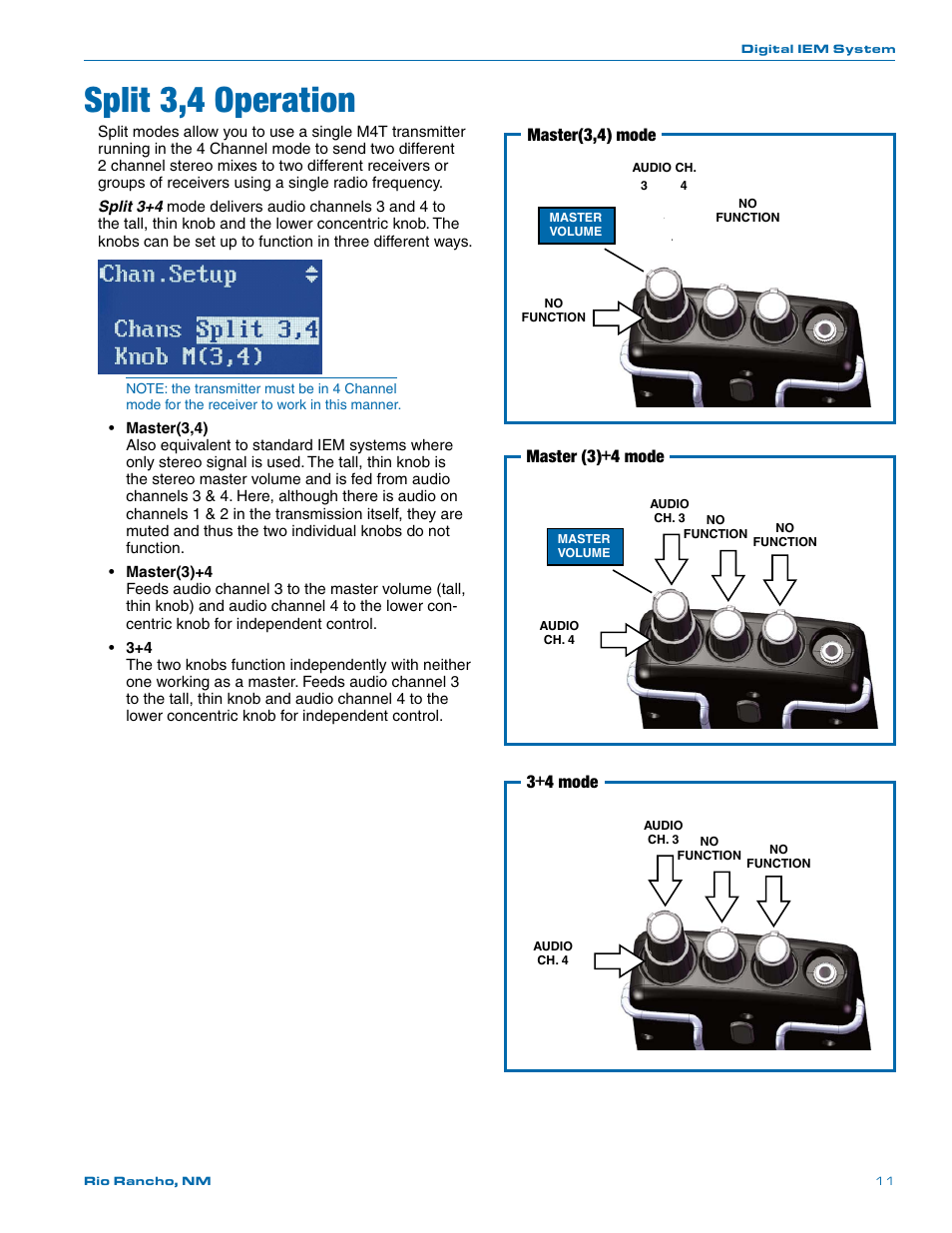 Split 3,4 operation, Master(3,4) mode, Master (3)+4 mode | 3+4 mode | Lectrosonics Quadra User Manual | Page 11 / 32