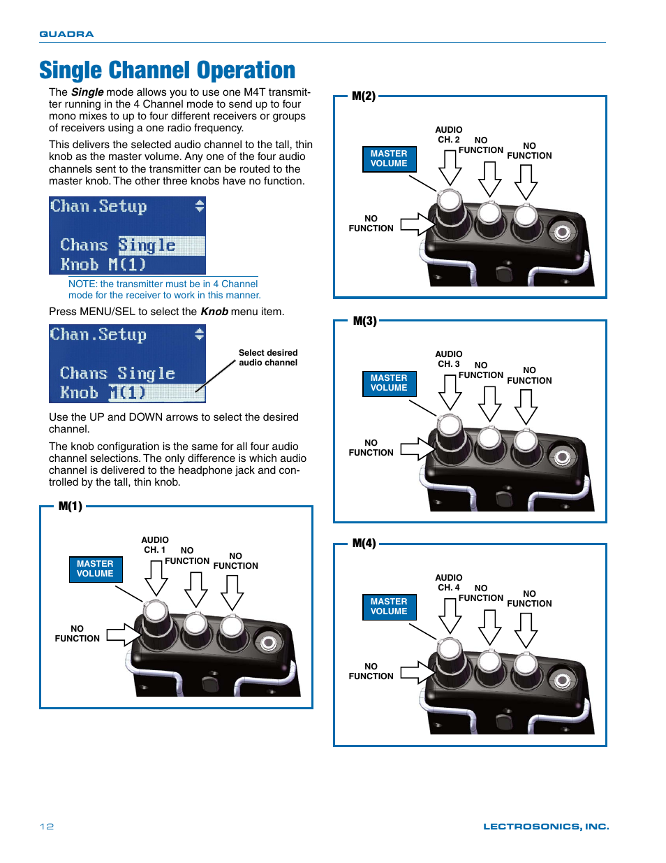 Single channel operation, M(1), M(2) | M(3), M(4) | Lectrosonics Quadra User Manual | Page 12 / 32