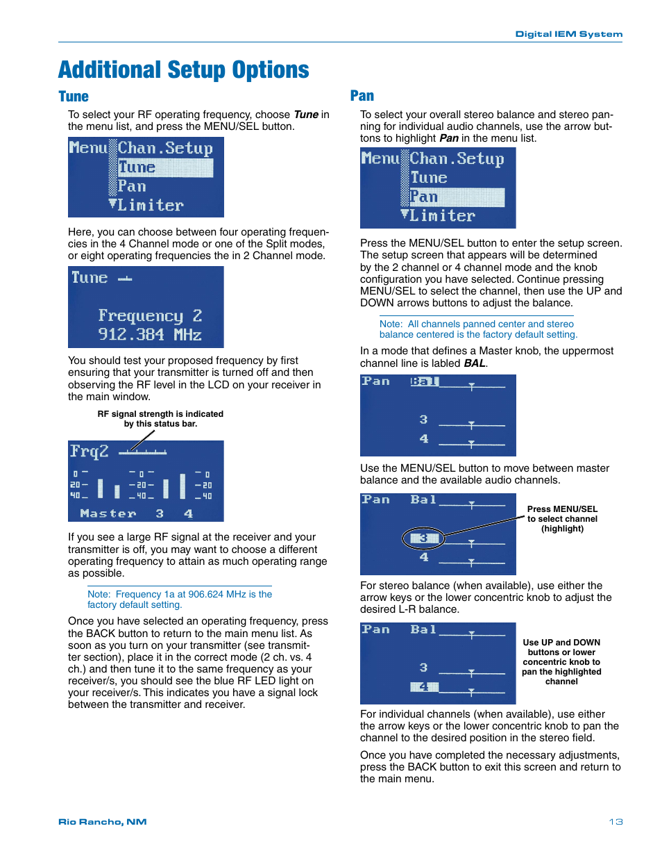 Additional setup options, Tune | Lectrosonics Quadra User Manual | Page 13 / 32