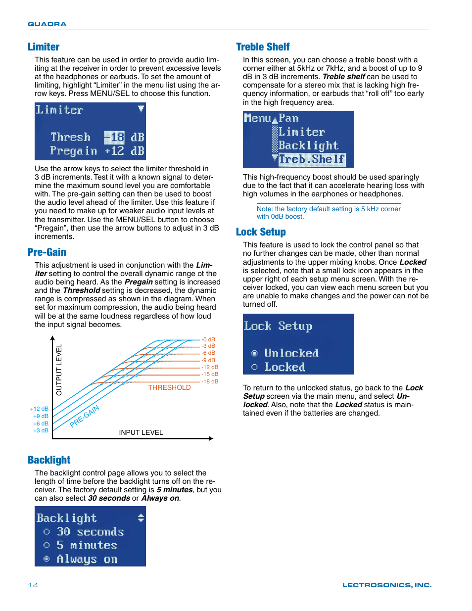Limiter, Backlight, Treble shelf | Lock setup, Pre-gain | Lectrosonics Quadra User Manual | Page 14 / 32
