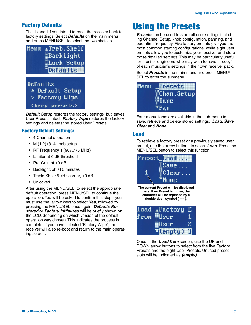 Factory defaults, Using the presets, Load | Factory default settings | Lectrosonics Quadra User Manual | Page 15 / 32