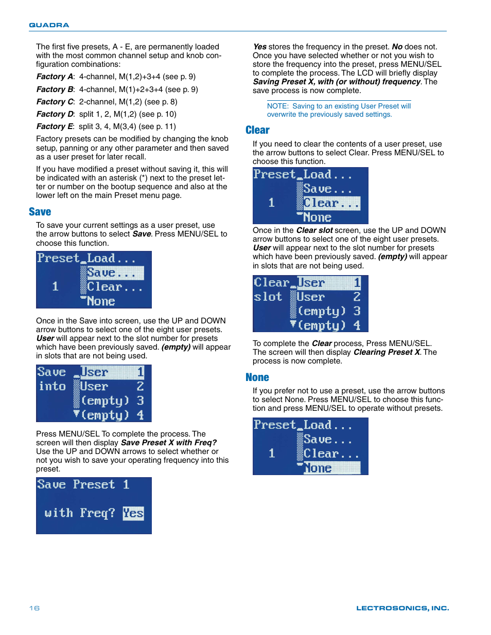 Save, Clear, None | Lectrosonics Quadra User Manual | Page 16 / 32