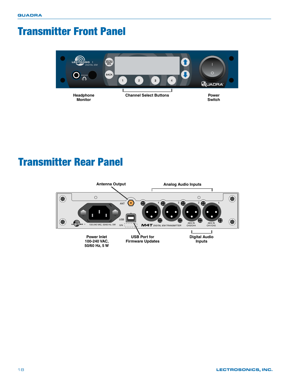 Transmitter front panel, Transmitter rear panel | Lectrosonics Quadra User Manual | Page 18 / 32