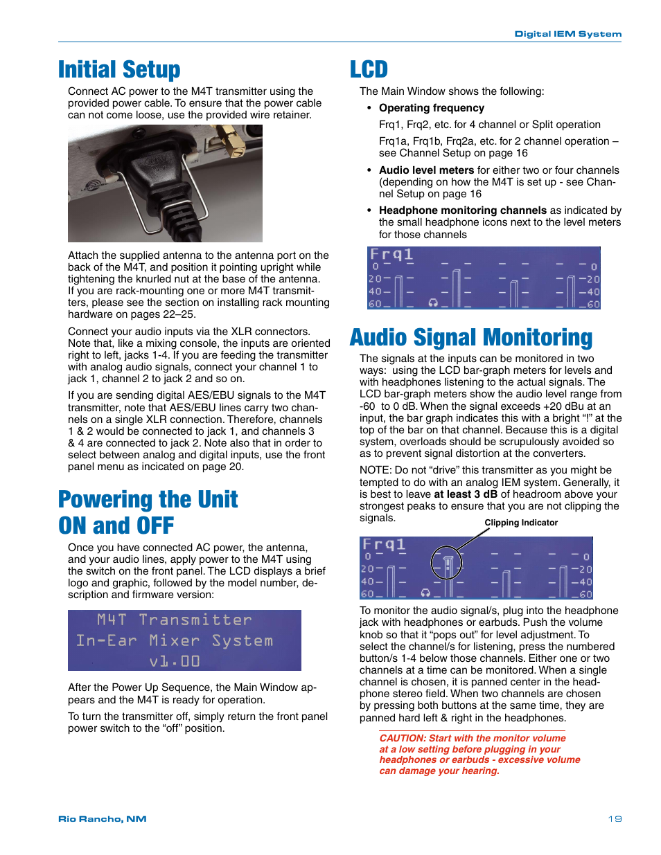 Initial setup, Powering the unit, On and off | Audio signal monitoring, Powering the unit on and off | Lectrosonics Quadra User Manual | Page 19 / 32