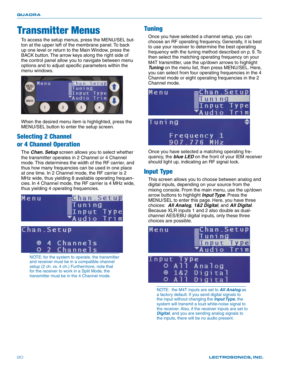 Transmitter menus, Selecting 2 channel, Or 4 channel operation | Tuning, Input type, Selecting 2 channel or 4 channel operation | Lectrosonics Quadra User Manual | Page 20 / 32