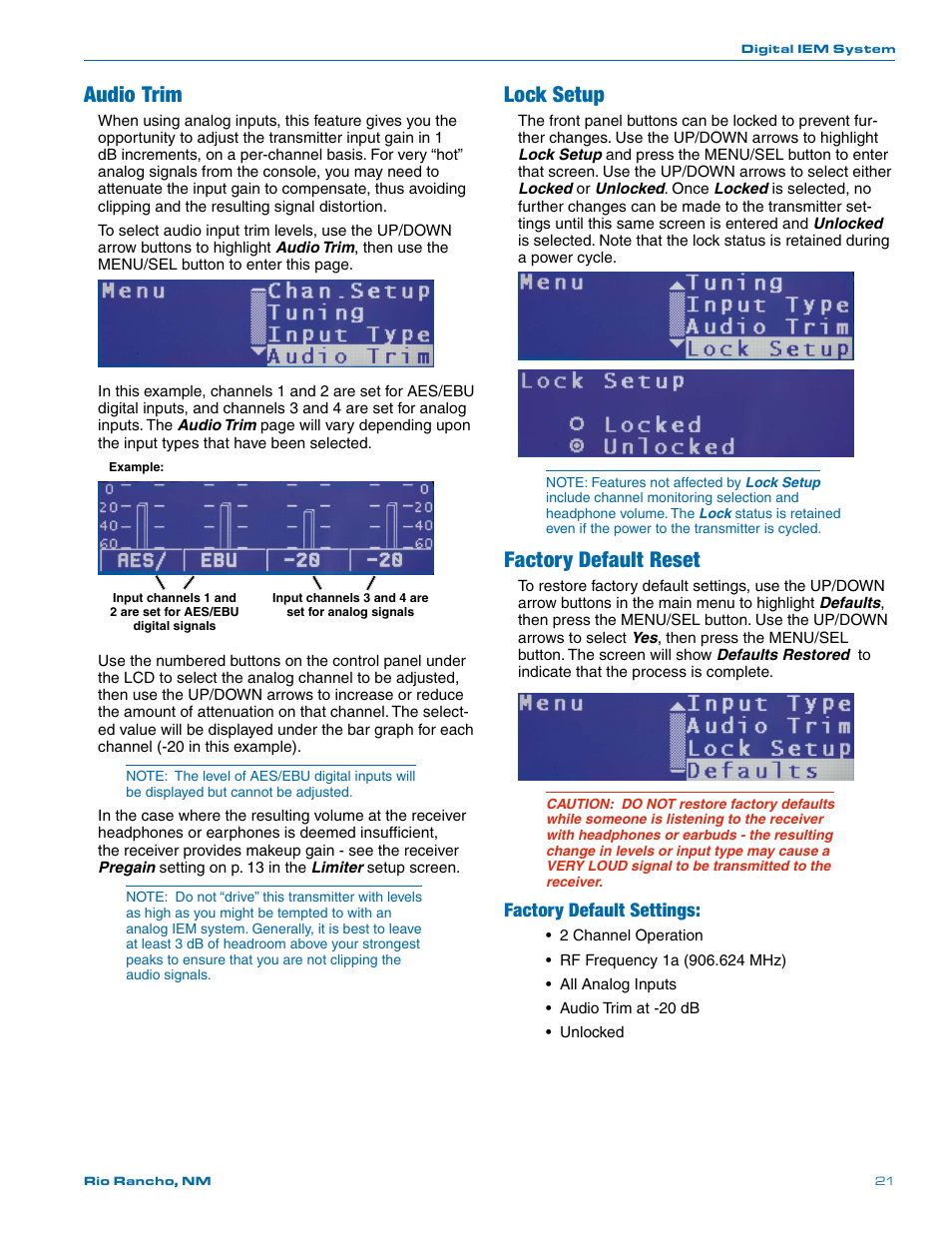 Audio trim, Lock setup, Factory default reset | Factory default settings | Lectrosonics Quadra User Manual | Page 21 / 32
