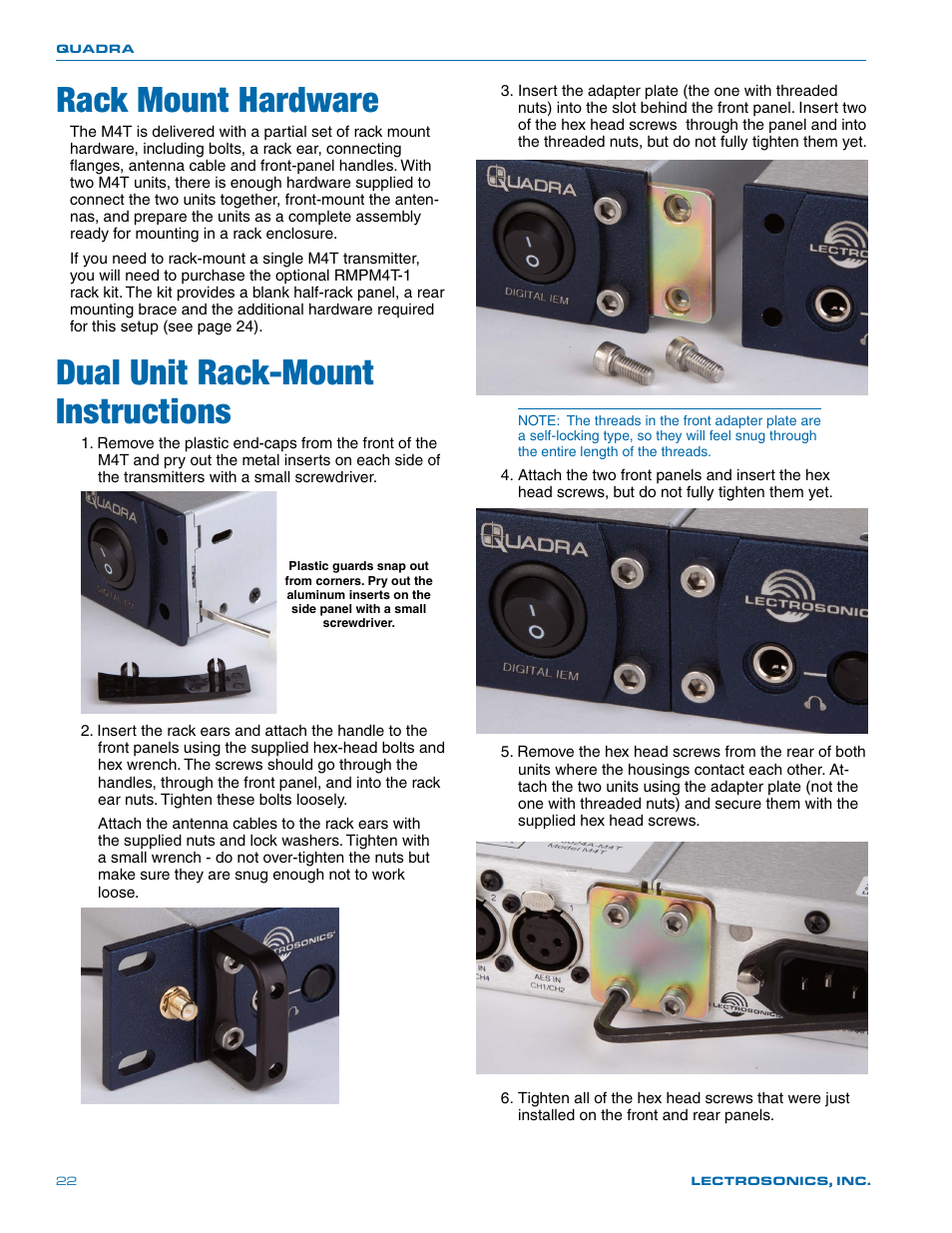 Rack mount hardware, Dual unit rack-mount instructions | Lectrosonics Quadra User Manual | Page 22 / 32