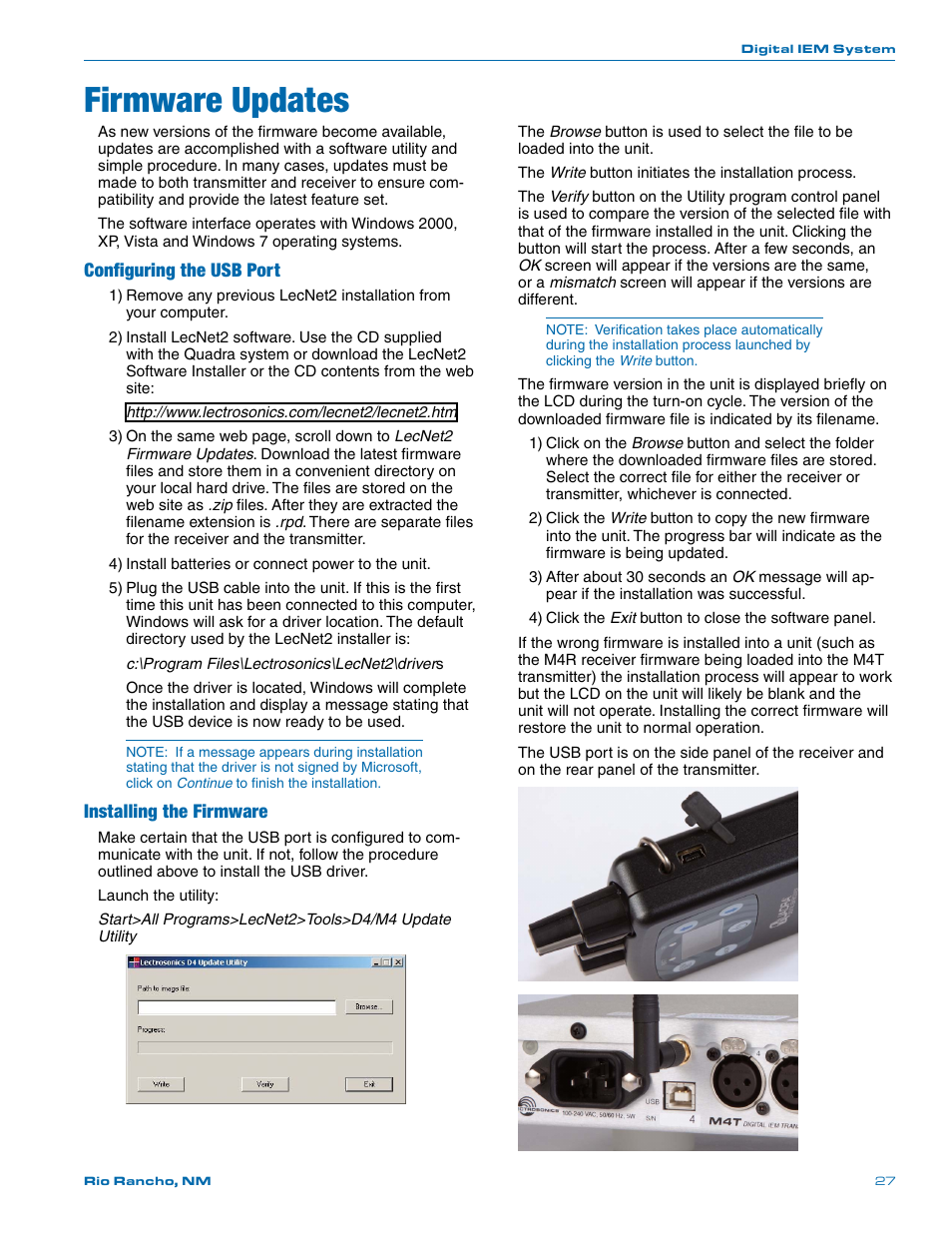 Firmware updates, Configuring the usb port, Installing the firmware | Lectrosonics Quadra User Manual | Page 27 / 32