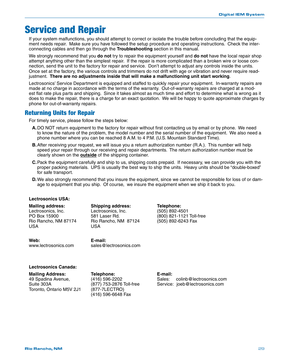 Service and repair, Returning units for repair | Lectrosonics Quadra User Manual | Page 29 / 32