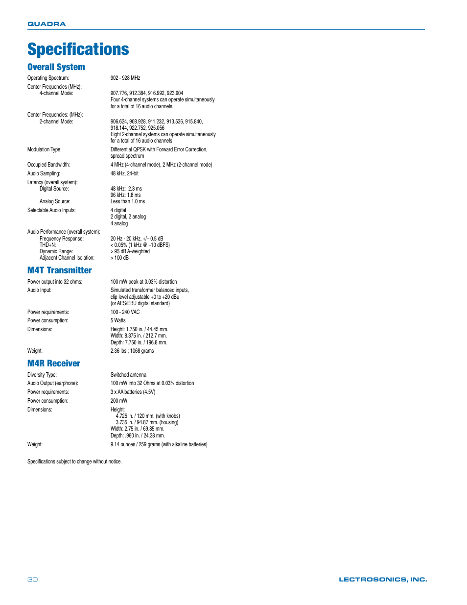 Specifications, Overall system, M4t transmitter | M4r receiver | Lectrosonics Quadra User Manual | Page 30 / 32