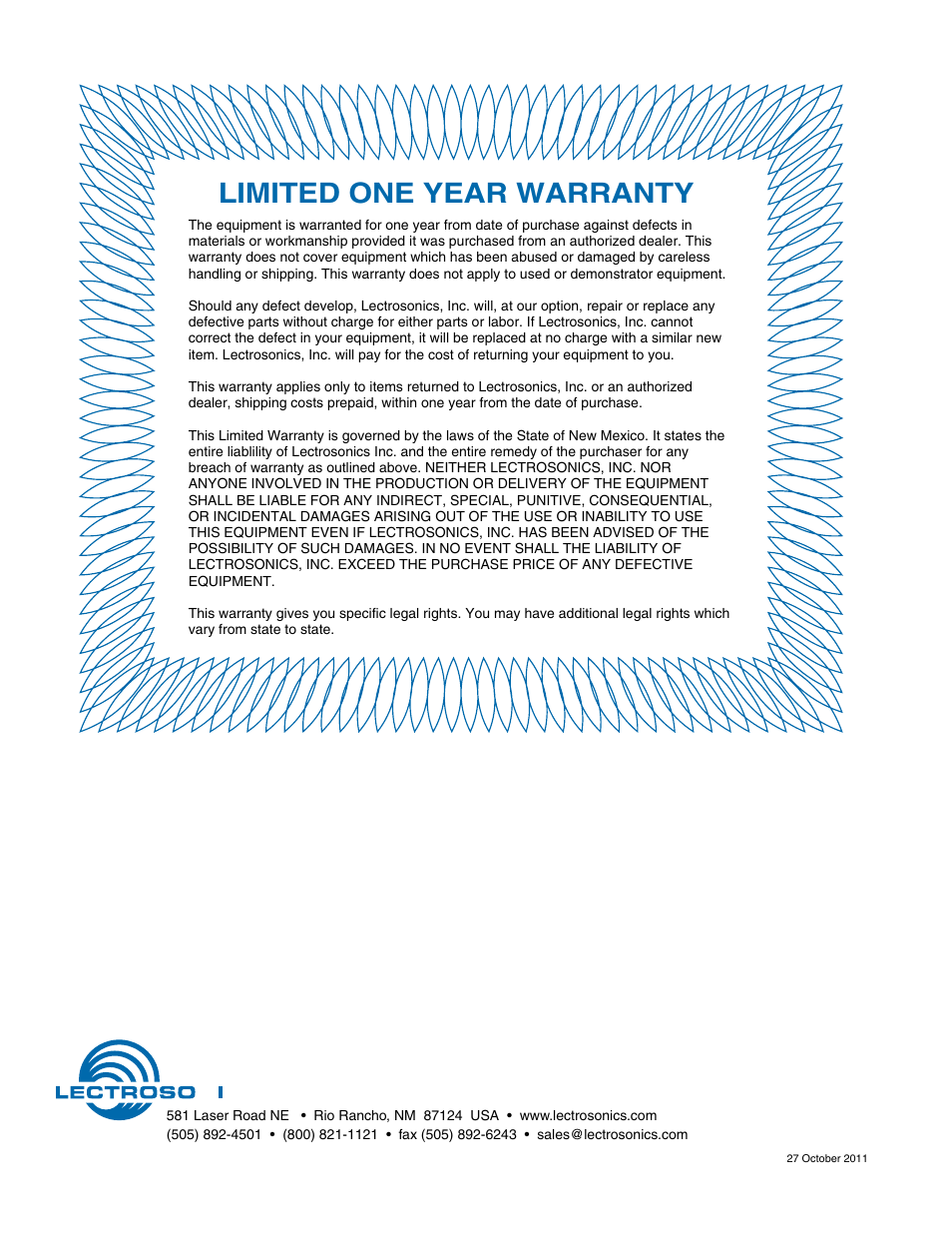 Limited one year warranty | Lectrosonics Quadra User Manual | Page 32 / 32