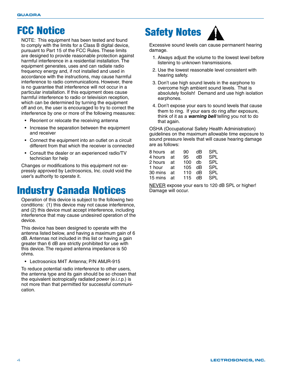 Fcc notice, Industry canada notices, Safety notes | Lectrosonics Quadra User Manual | Page 4 / 32