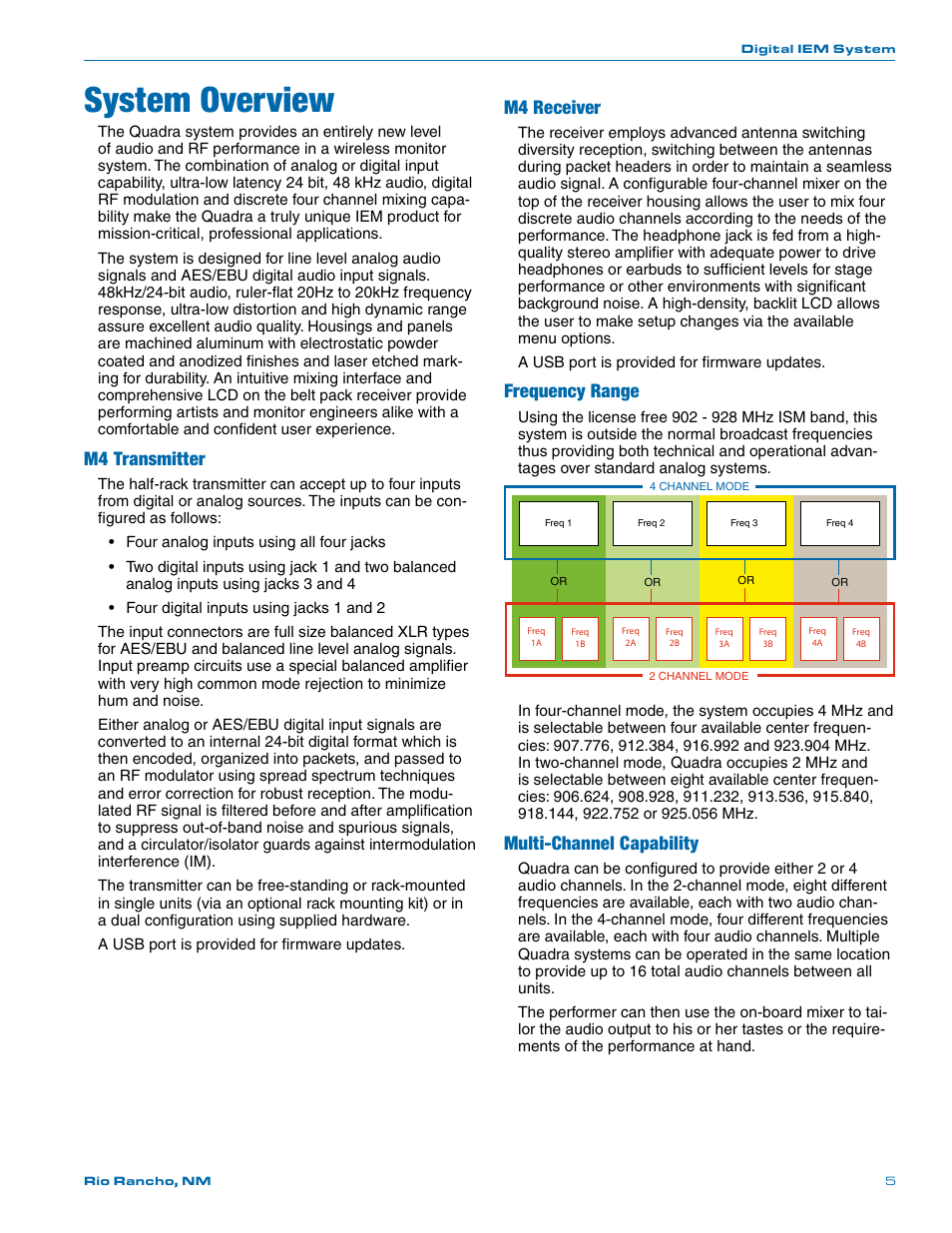 System overview, M4 transmitter, M4 receiver | Frequency range, Multi-channel capability | Lectrosonics Quadra User Manual | Page 5 / 32