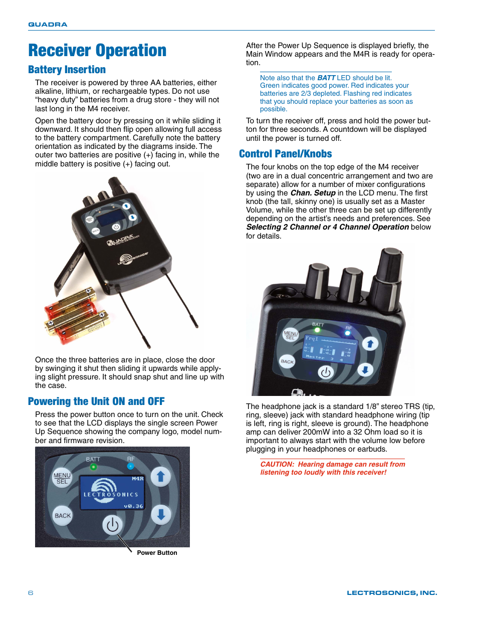 Receiver operation, Battery insertion, Powering the unit on and off | Control panel/knobs | Lectrosonics Quadra User Manual | Page 6 / 32