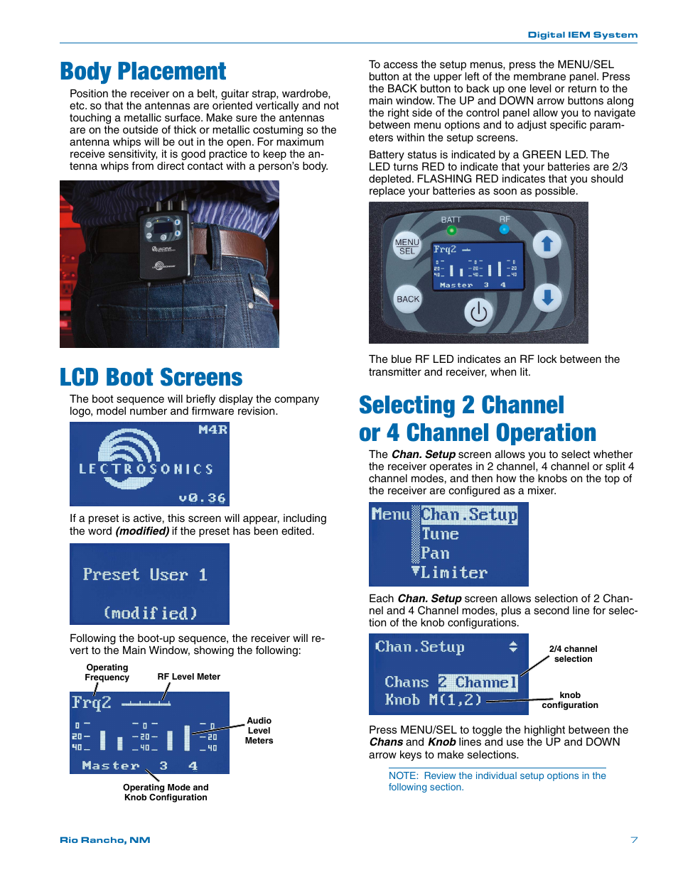 Body placement, Lcd boot screens, Selecting 2 channel or 4 channel operation | Lectrosonics Quadra User Manual | Page 7 / 32
