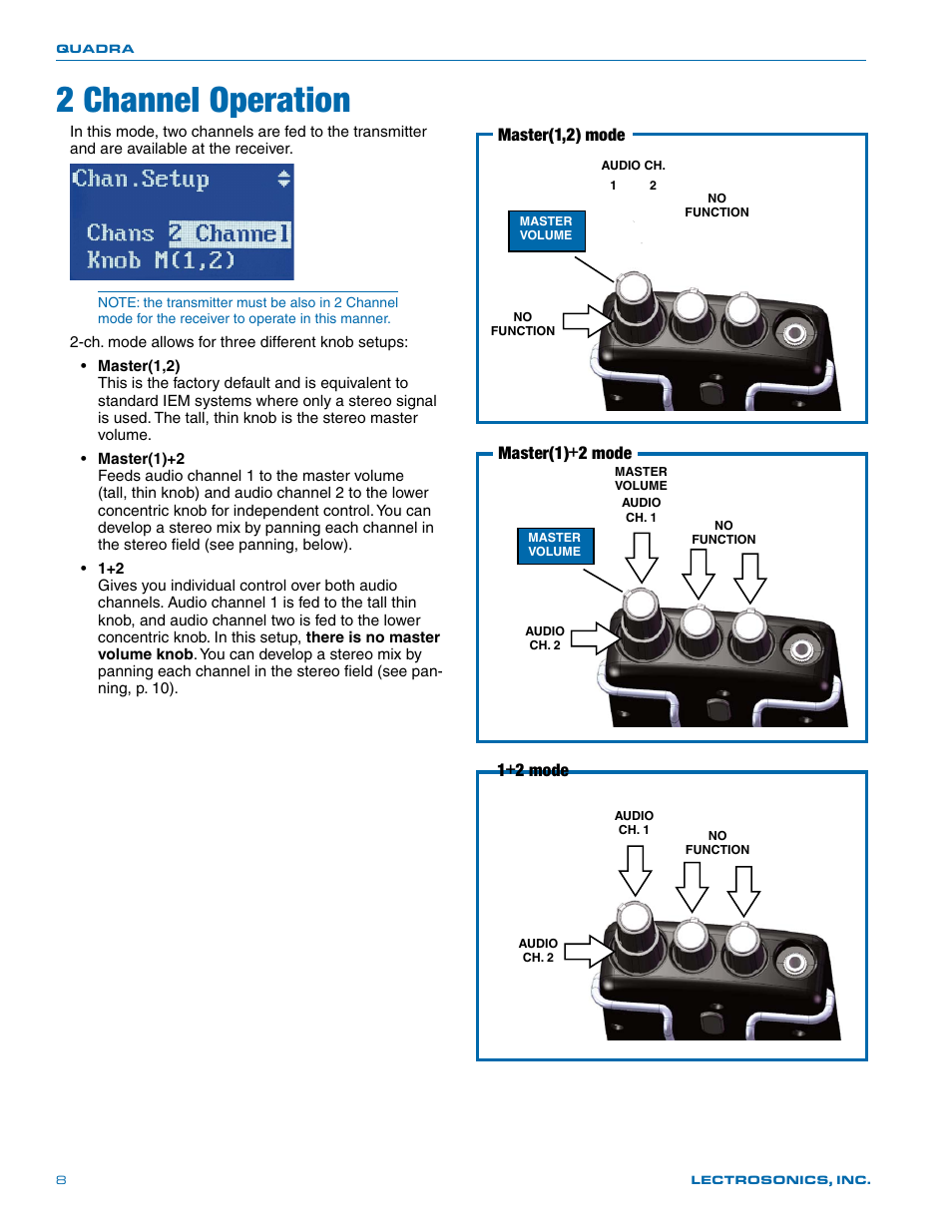 2 channel operation, Master(1,2) mode, Master(1)+2 mode | 1+2 mode | Lectrosonics Quadra User Manual | Page 8 / 32