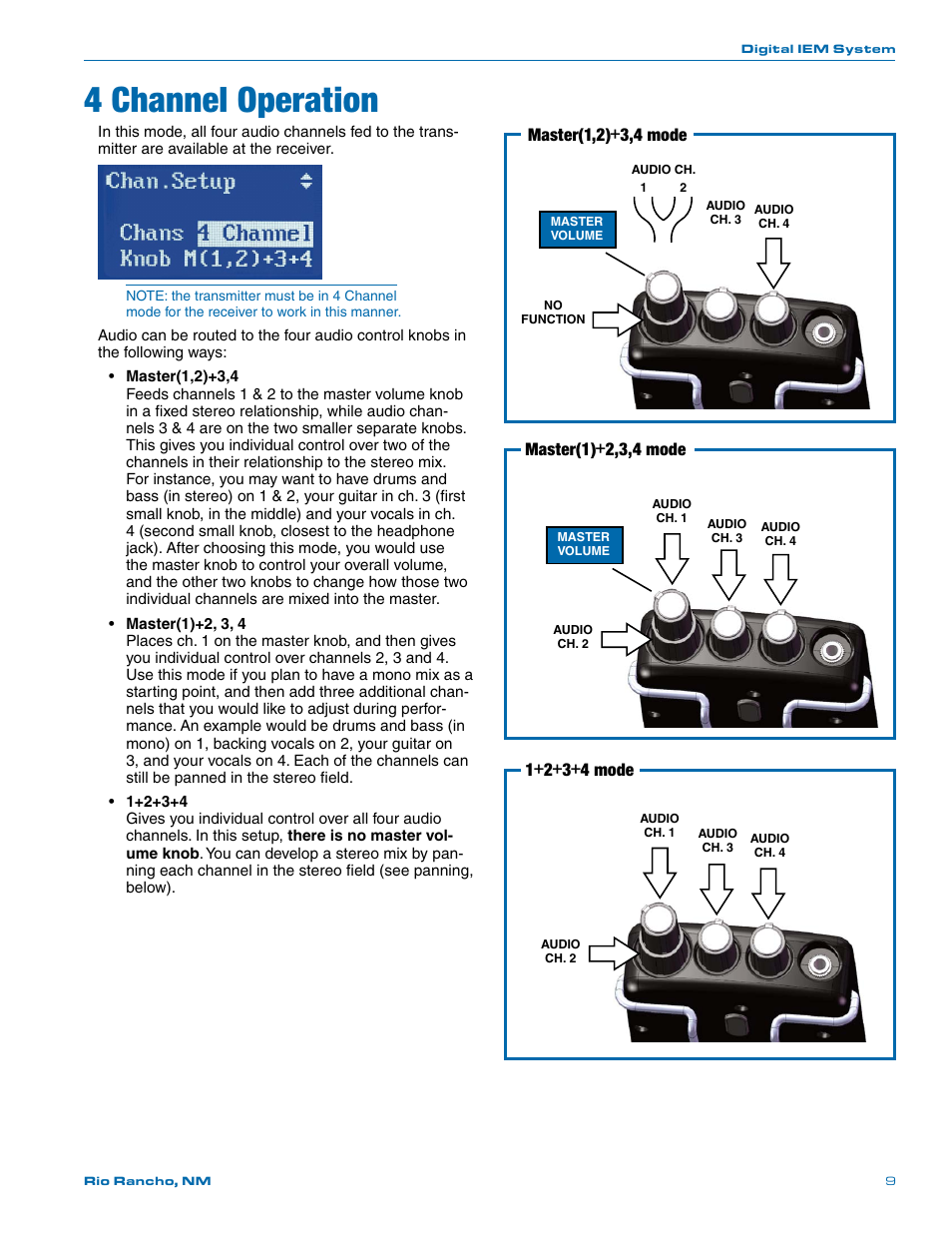 4 channel operation, Master(1,2)+3,4 mode, Master(1)+2,3,4 mode | 1+2+3+4 mode | Lectrosonics Quadra User Manual | Page 9 / 32