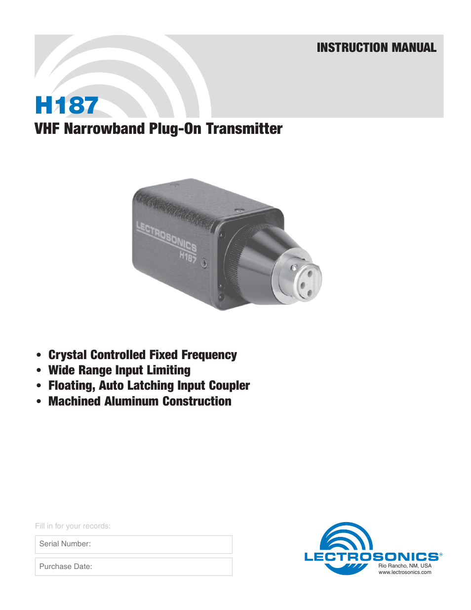 Lectrosonics H187 User Manual | 10 pages