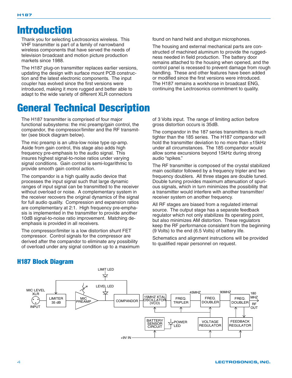 Introduction, General technical description, H187 block diagram | Lectrosonics H187 User Manual | Page 4 / 10