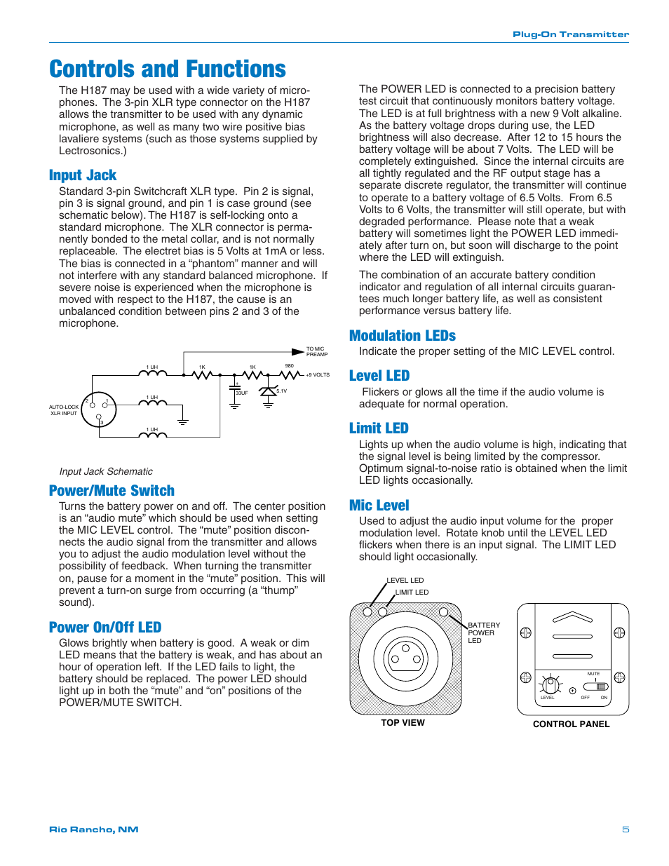 Controls and functions, Input jack, Power/mute switch | Power on/off led, Modulation leds, Level led, Limit led, Mic level | Lectrosonics H187 User Manual | Page 5 / 10