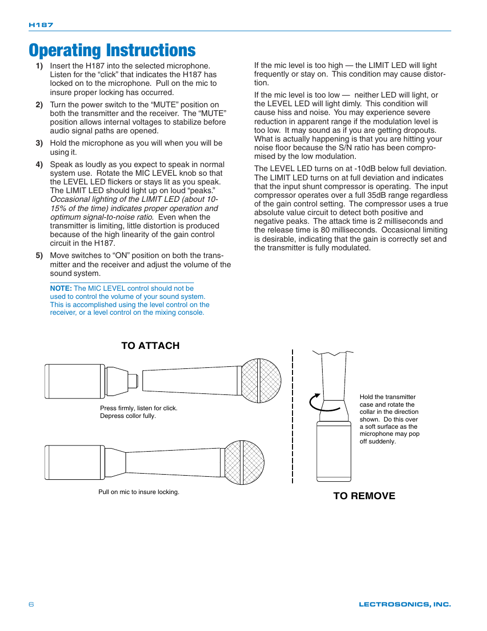 Operating instructions | Lectrosonics H187 User Manual | Page 6 / 10