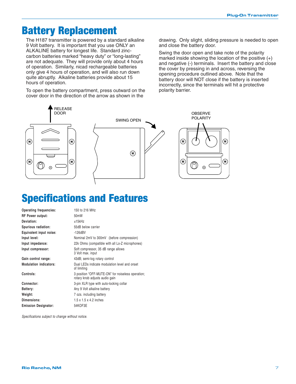 Battery replacement, Specifications and features | Lectrosonics H187 User Manual | Page 7 / 10