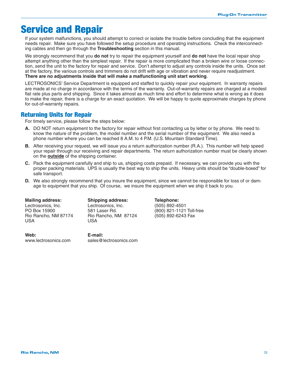 Service and repair, Returning units for repair | Lectrosonics H187 User Manual | Page 9 / 10