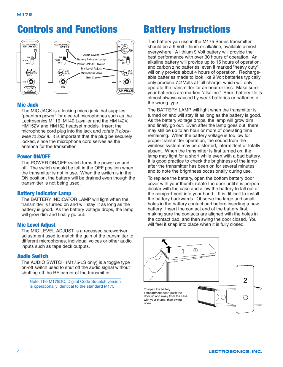 Controls and functions, Battery instructions | Lectrosonics M175DC User Manual | Page 4 / 8