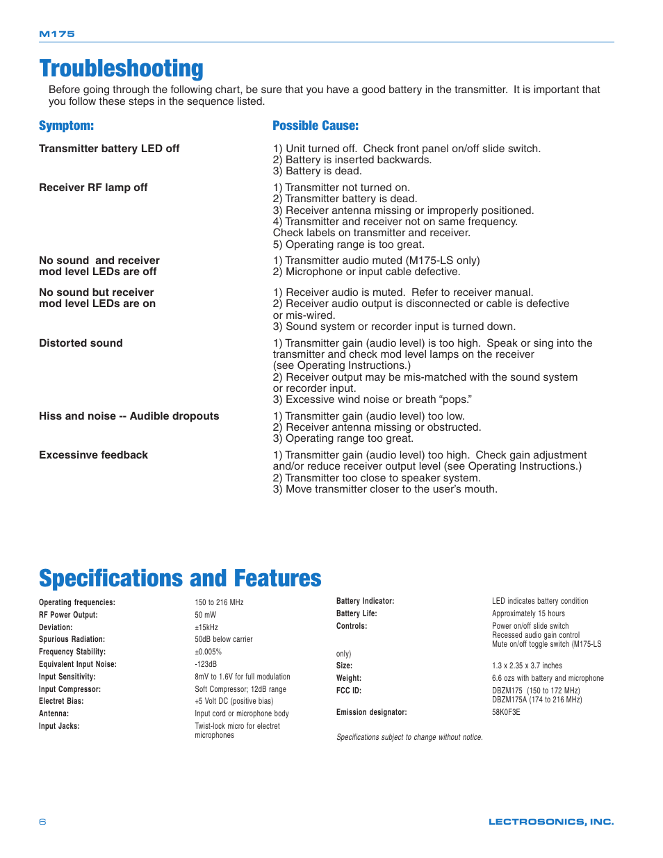 Troubleshooting, Specifications and features, Symptom: possible cause | Lectrosonics M175DC User Manual | Page 6 / 8