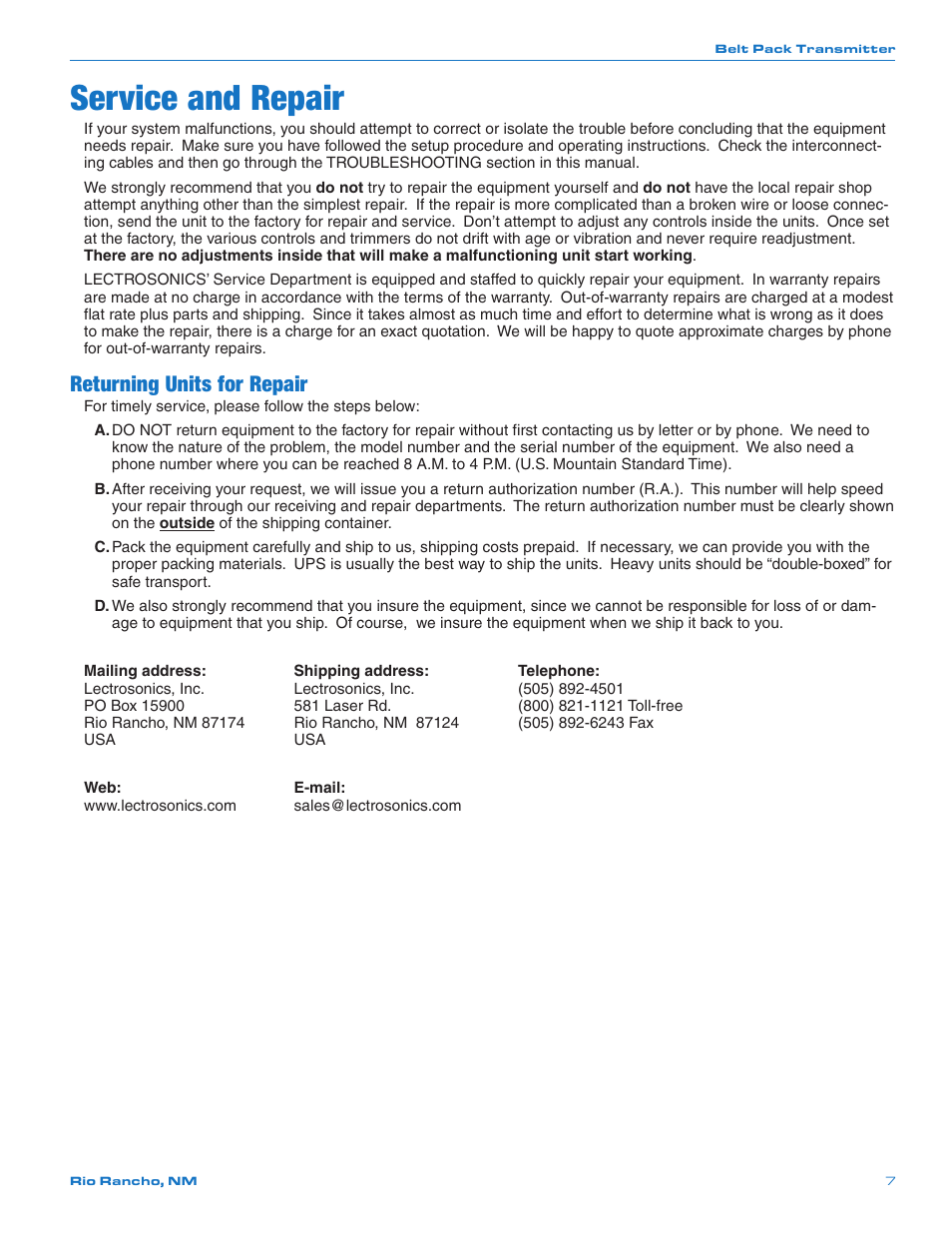 Service and repair, Returning units for repair | Lectrosonics M175DC User Manual | Page 7 / 8