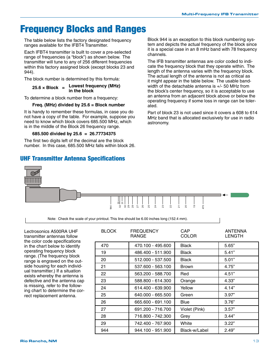Frequency blocks and ranges, Uhf transmitter antenna specifications, Bl31 | Lectrosonics T4 User Manual | Page 13 / 16