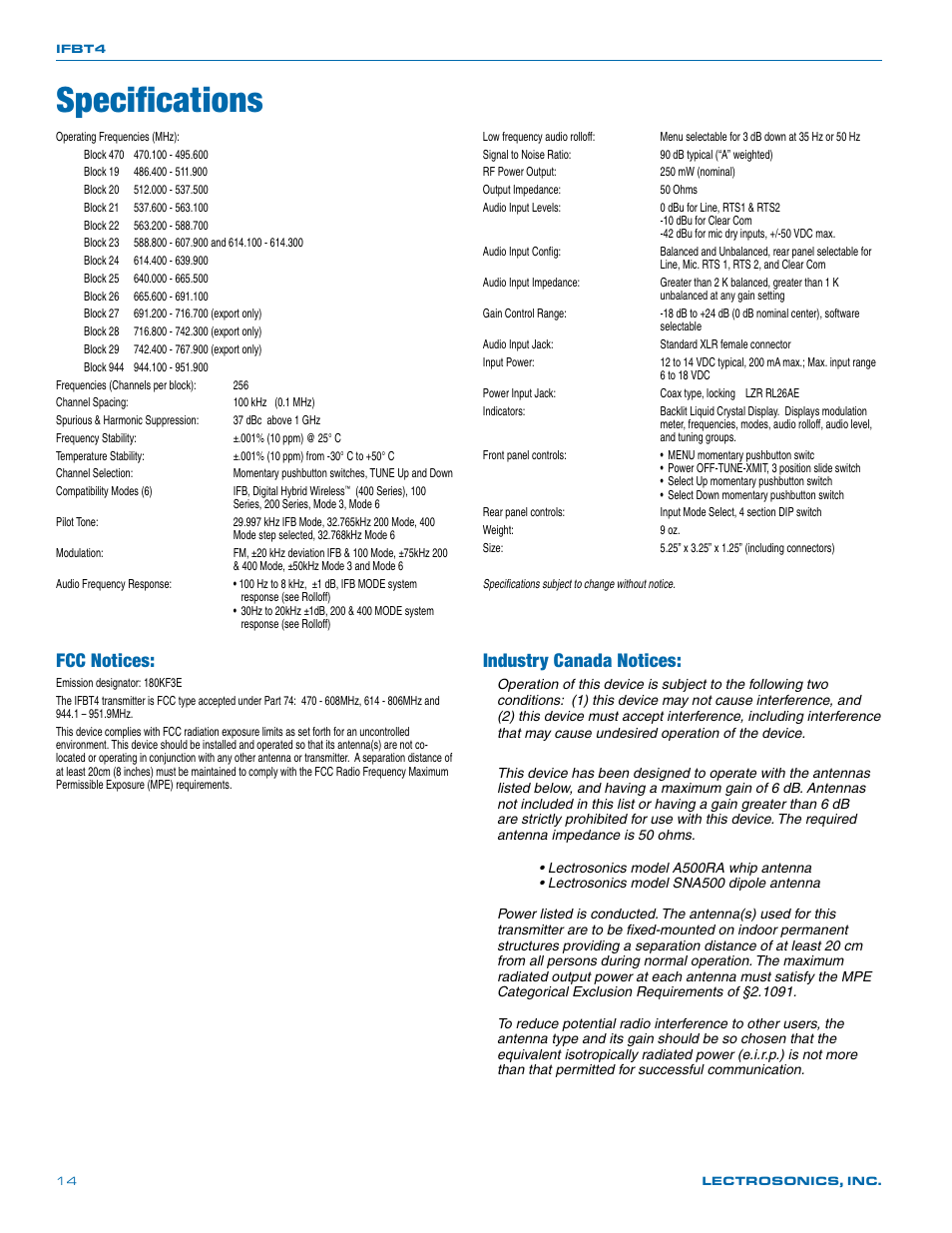 Specifications, Fcc notices, Industry canada notices | Lectrosonics T4 User Manual | Page 14 / 16