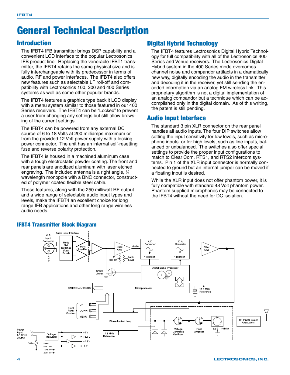 General technical description, Introduction, Digital hybrid technology | Audio input interface, Ifbt4 transmitter block diagram | Lectrosonics T4 User Manual | Page 4 / 16