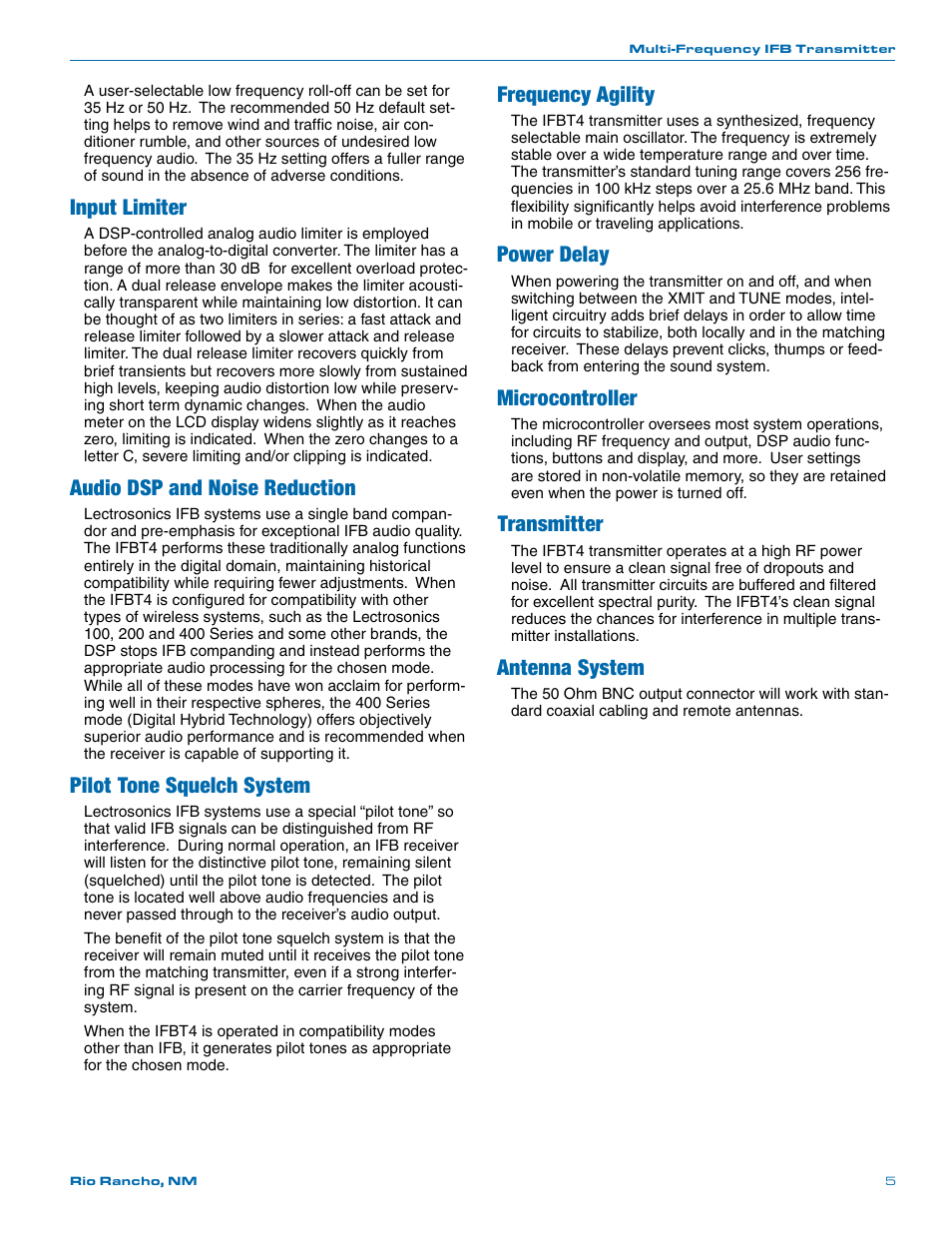 Input limiter, Audio dsp and noise reduction, Pilot tone squelch system | Frequency agility, Power delay, Microcontroller, Transmitter, Antenna system | Lectrosonics T4 User Manual | Page 5 / 16