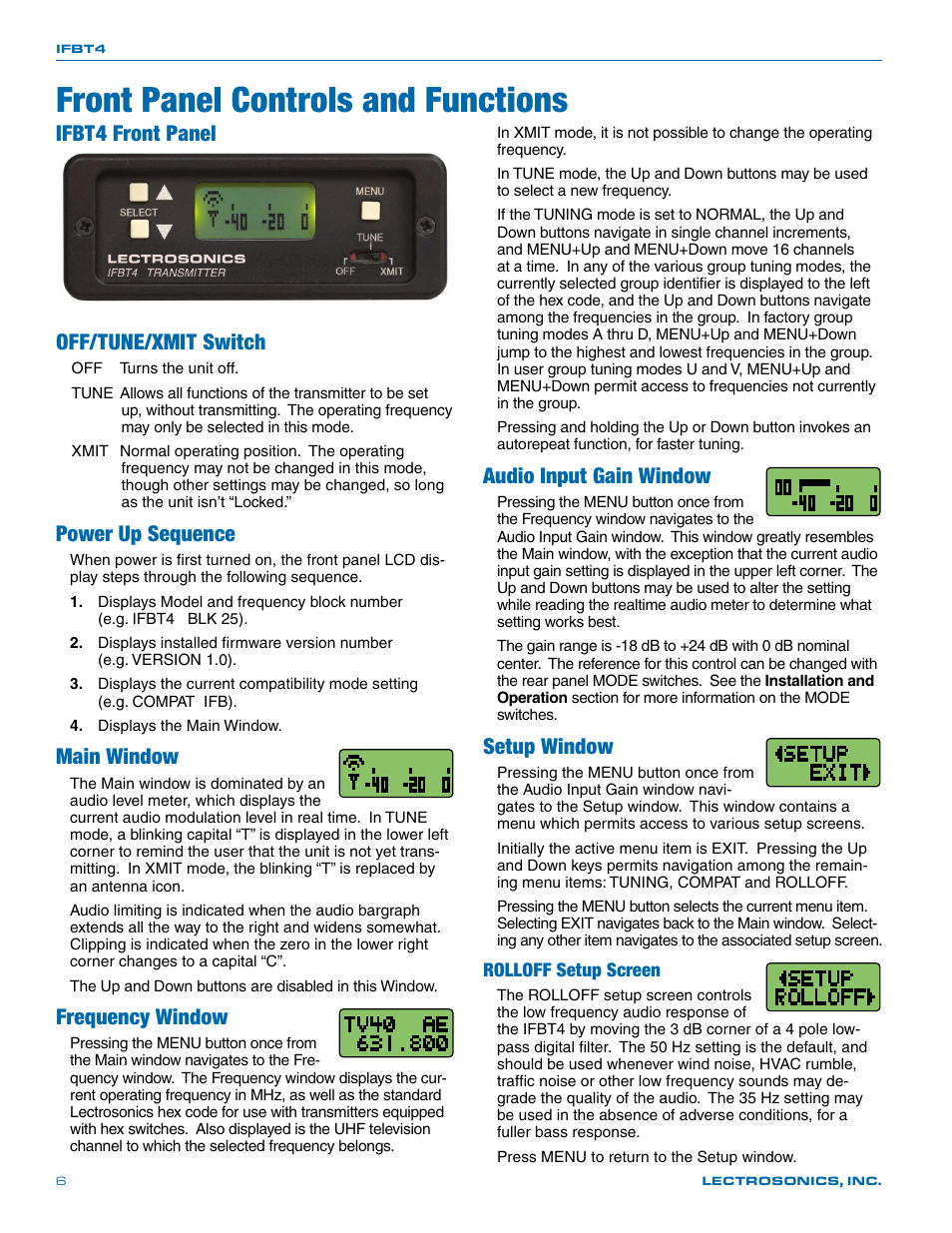 Front panel controls and functions, Ifbt4 front panel, Off/tune/xmit switch | Power up sequence, Main window, Frequency window, Audio input gain window, Setup window, Rolloff setup screen, Ifbt4 front panel off/tune/xmit switch | Lectrosonics T4 User Manual | Page 6 / 16