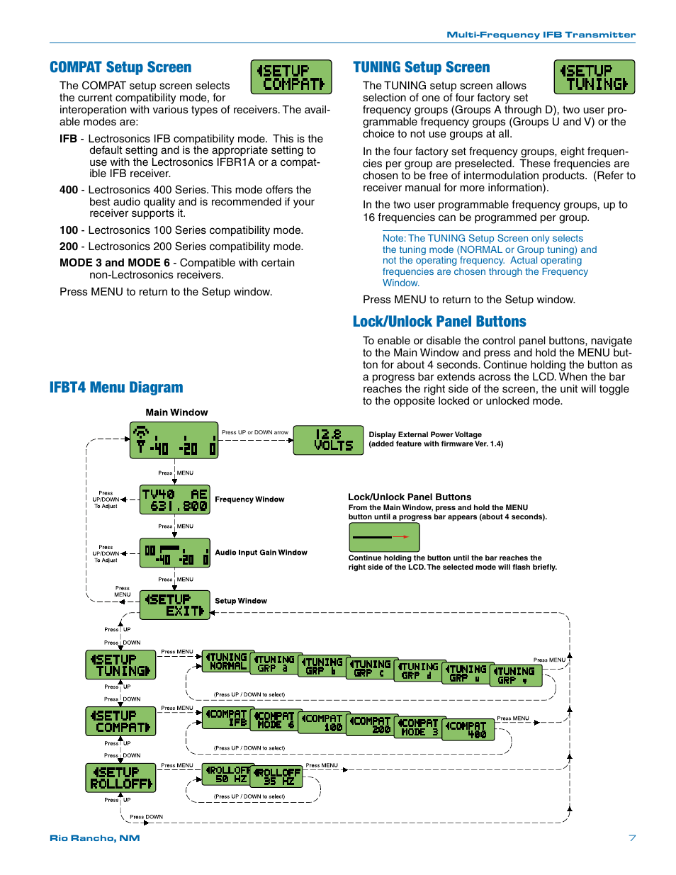 Compat setup screen, Tuning setup screen, Ifbt4 menu diagram | Ifbt4 menu diagram compat setup screen, Lock/unlock panel buttons | Lectrosonics T4 User Manual | Page 7 / 16