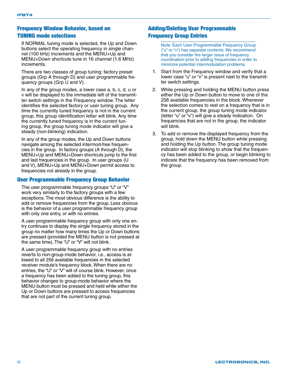 User programmable frequency group behavior | Lectrosonics T4 User Manual | Page 8 / 16