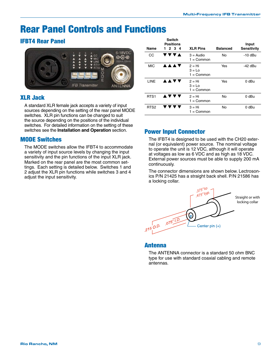 Rear panel controls and functions, Ifbt4 rear panel, Xlr jack | Mode switches, Power input connector, Antenna, Ifbt4 rear panel xlr jack | Lectrosonics T4 User Manual | Page 9 / 16