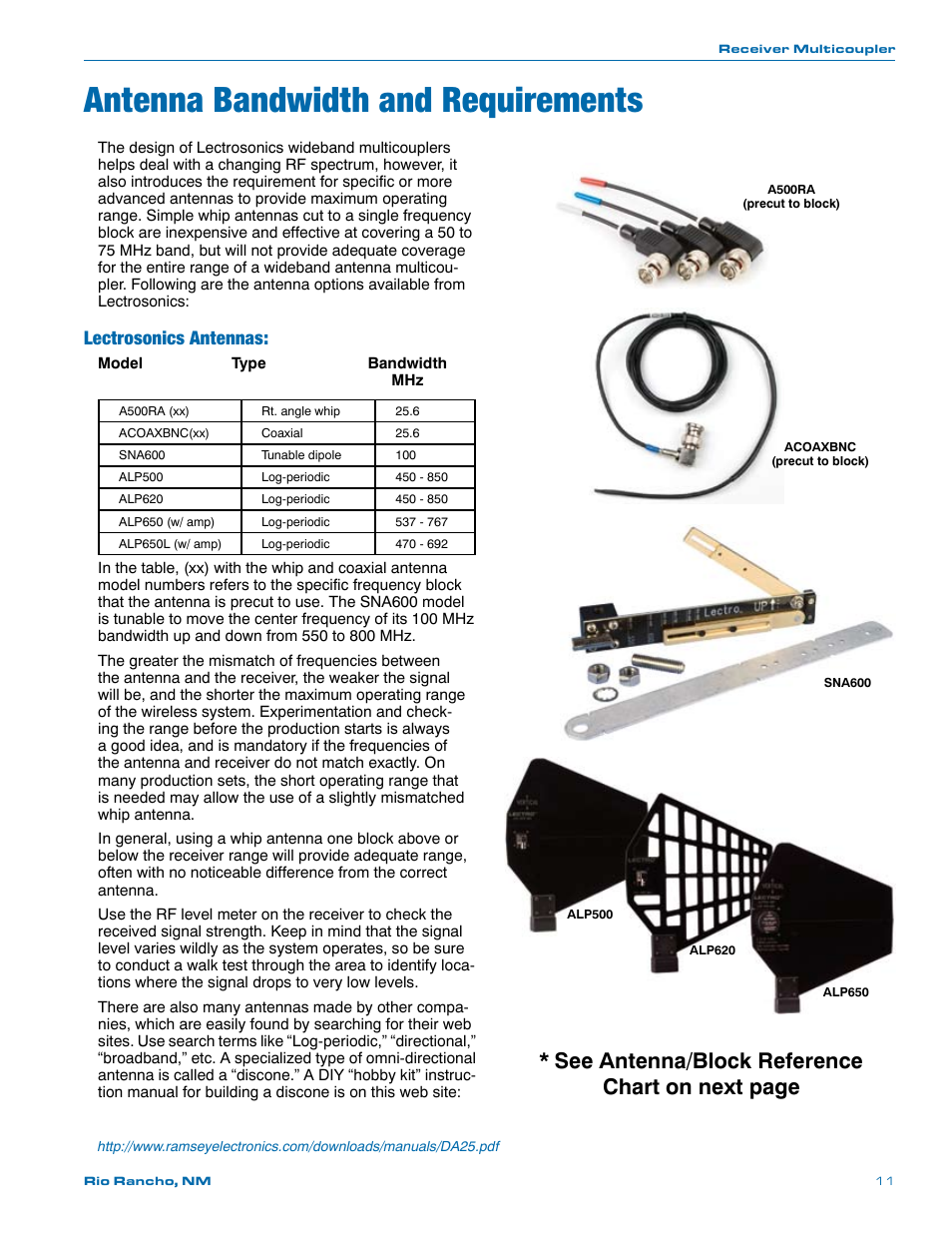Antenna bandwidth and requirements, See antenna/block reference chart on next page, Lectrosonics antennas | Lectrosonics Octopack User Manual | Page 11 / 20