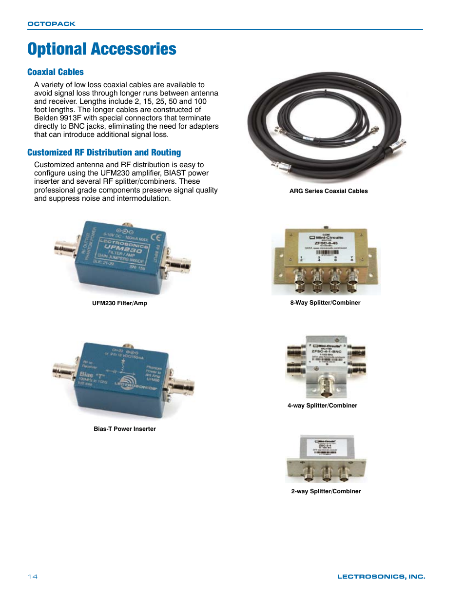 Optional accessories, Coaxial cables, Customized rf distribution and routing | Lectrosonics Octopack User Manual | Page 14 / 20