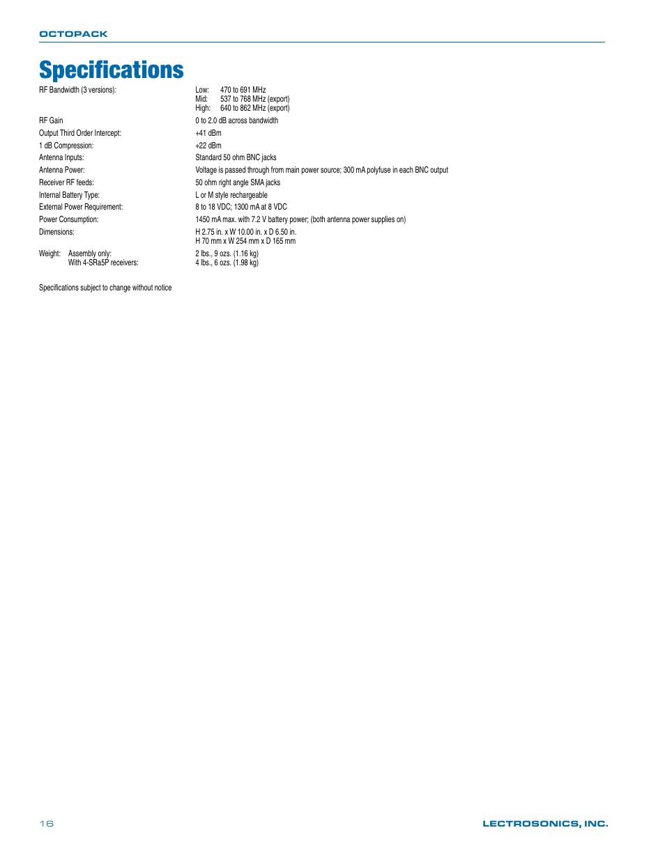 Specifications | Lectrosonics Octopack User Manual | Page 16 / 20