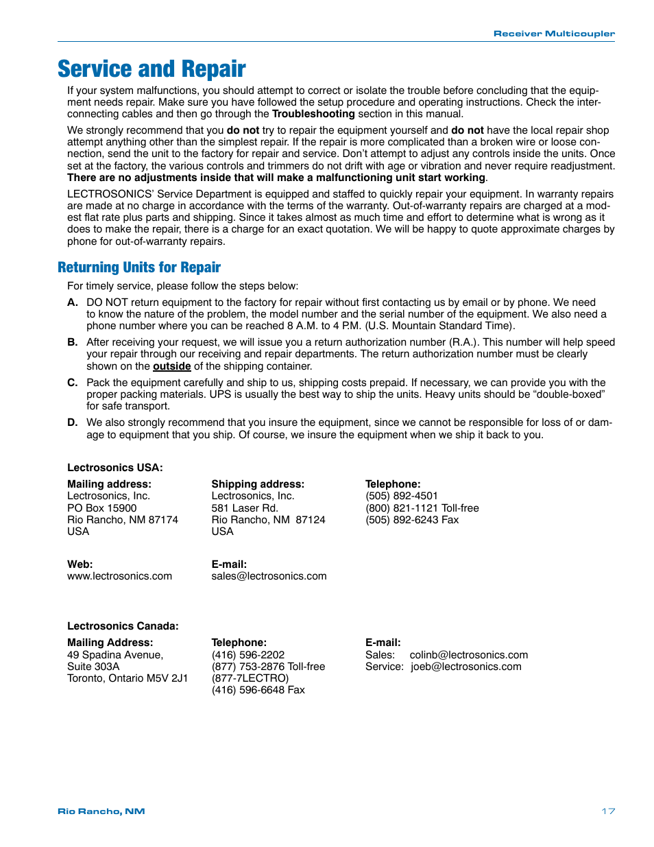 Service and repair, Returning units for repair | Lectrosonics Octopack User Manual | Page 17 / 20