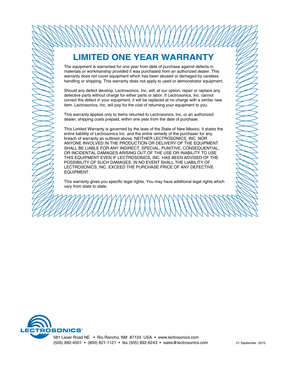 Limited one year warranty | Lectrosonics Octopack User Manual | Page 20 / 20