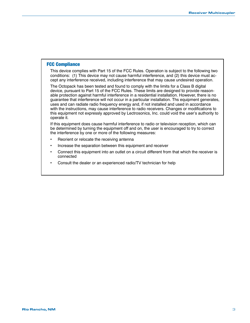 Fcc compliance | Lectrosonics Octopack User Manual | Page 3 / 20