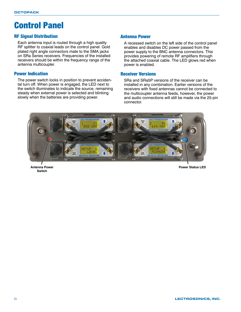 Control panel, Rf signal distribution, Power indication | Antenna power, Receiver versions | Lectrosonics Octopack User Manual | Page 6 / 20
