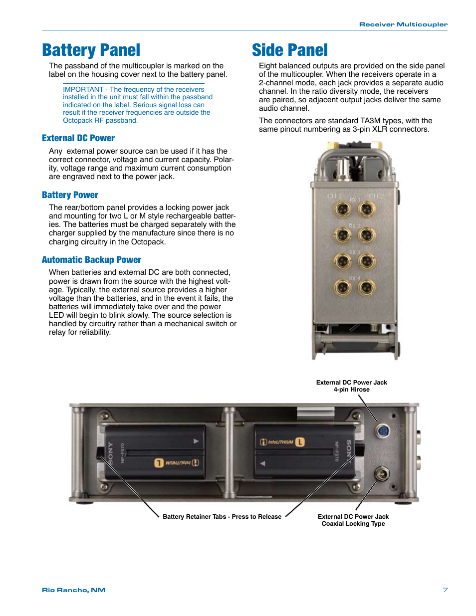 Battery panel, Side panel, External dc power | Battery power, Automatic backup power | Lectrosonics Octopack User Manual | Page 7 / 20