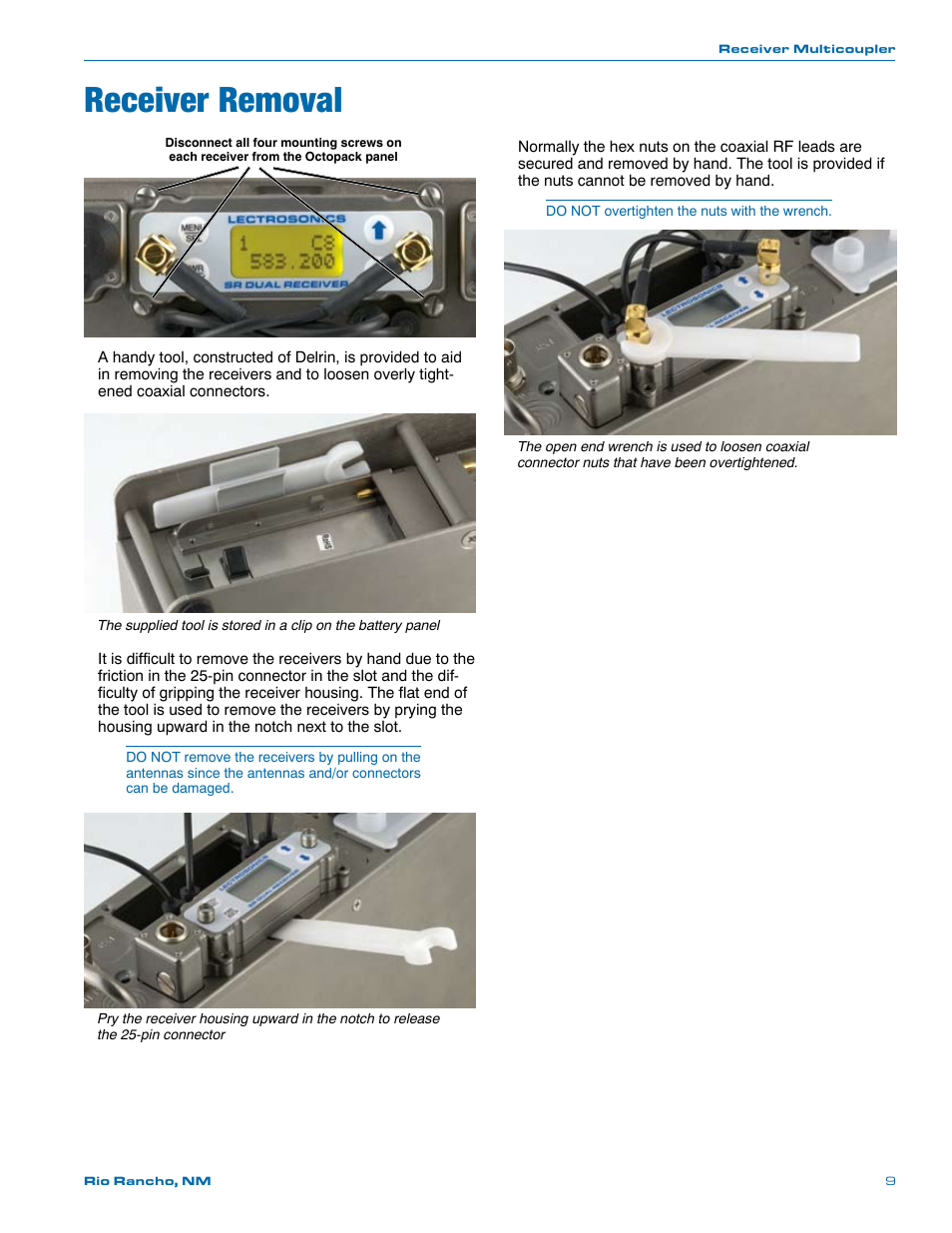 Receiver removal | Lectrosonics Octopack User Manual | Page 9 / 20