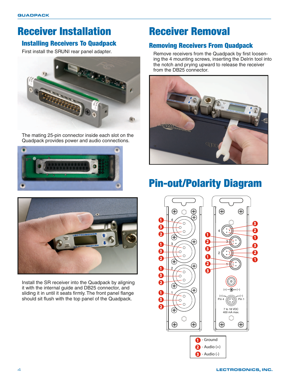 Side panels, Receiver installation, Receiver removal | Pin-out/polarity diagram, Installing receivers to quadpack, Removing receivers from quadpack | Lectrosonics Quadpack User Manual | Page 4 / 8