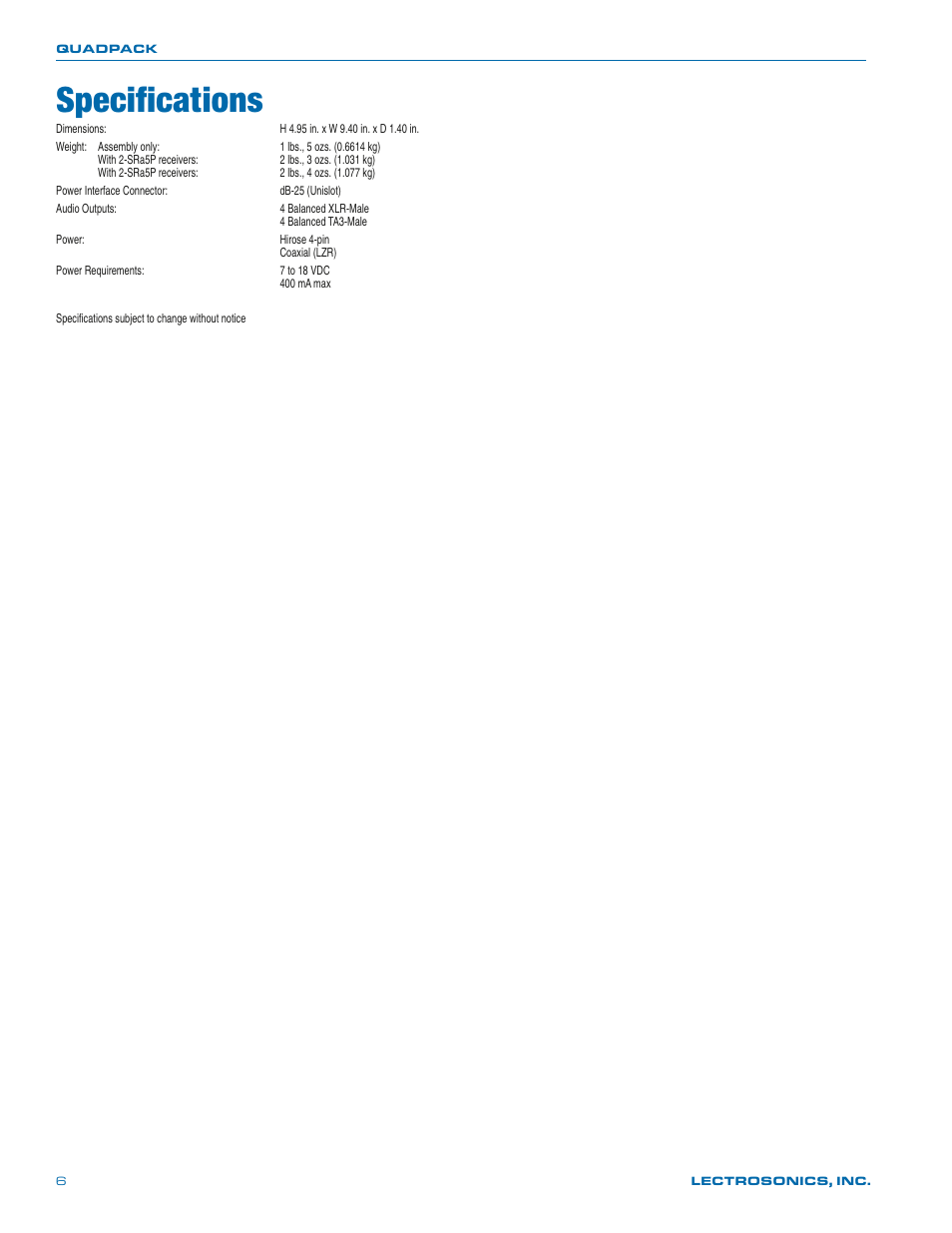 Replacement parts & accessories, Specifications | Lectrosonics Quadpack User Manual | Page 6 / 8